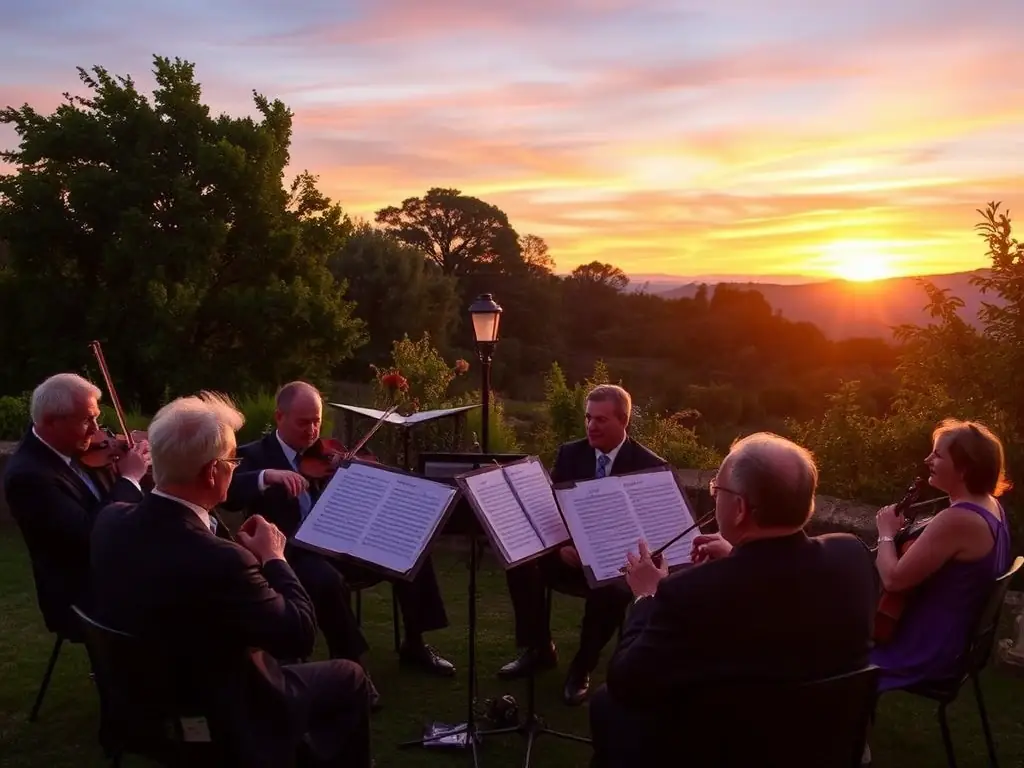 A serene image of the orchestra performing a Mozart concerto in a beautiful outdoor setting at sunset.